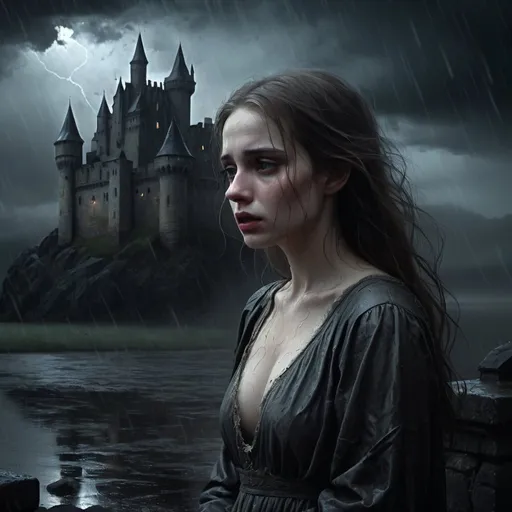 Prompt: Pale and beautiful Woman, castle, dark and mysterious, Tearful, emotional, rainy night scene, highly detailed, digital painting, eerie atmosphere, emotional storytelling, subtle lighting, dark tones, mysterious scene, solitary figure, atmospheric, professional quality, 
melancholic, dark and stormy, moody lighting, emotional art, gritty, intense, sorrowful