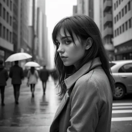 Prompt: Lonely big city girl, lost in the rush, longing for a soft girl utopia with a very subtle twist of "50 shades of Gray".
