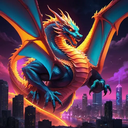 Prompt: Nighttime cityscape with soaring dragon, vibrant neon lights, futuristic skyline, moonlit clouds, dynamic motion blur, high quality, digital painting, neon color scheme, dramatic lighting, detailed scales, majestic dragon, urban fantasy, glowing eyes, dynamic pose