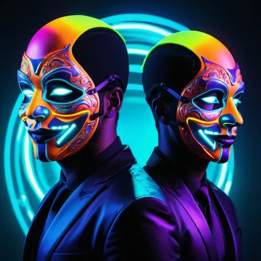 Prompt: Masked male singers of EDM band 'Belly Button Bars', vibrant digital artwork, neon colors, energetic stage presence, detailed futuristic masks, high-quality rendering, digital art, vibrant neon, energetic performers, futuristic masks, EDM band, high energy, professional lighting