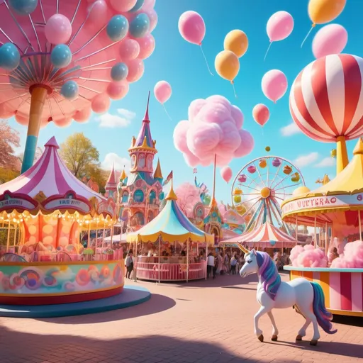 Prompt: (vibrant amusement park scene), colorful cotton candy stands, whimsical unicorns prancing, joyful atmosphere, bright and cheerful colors, (whimsical rides in the background), festive decorations, playful balloons floating, (ultra-detailed), warm sunlight illuminating the scene, fun and magical vibes all around.