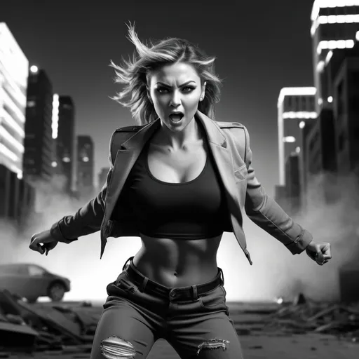 Prompt: album cover, female model, dynamic and empowered pose, greyscale colors, strong and confident expression, high contrast, energetic and powerful, urban backdrop, best quality, highres, dynamic pose, empowered, confident, courageous, modern, energetic lighting, warzone