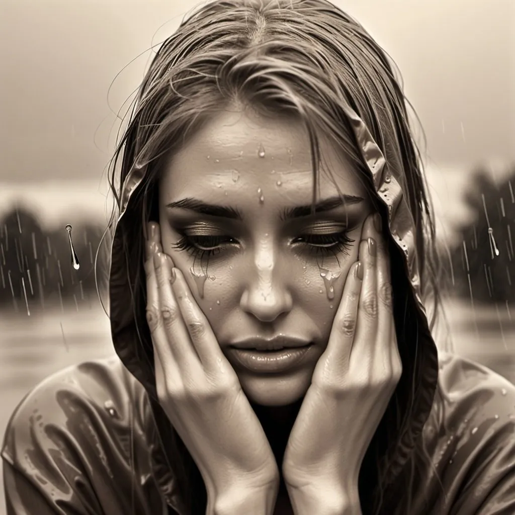 Prompt: Gity girl, tears, broken heart, sepia grey, rain