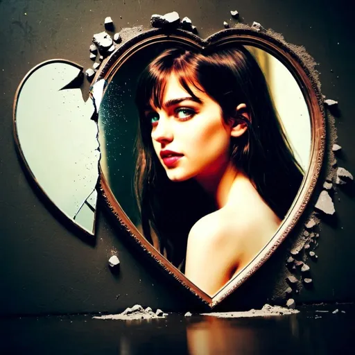 Prompt: a broken heart in the dust, a mirror reflection of a sad girl