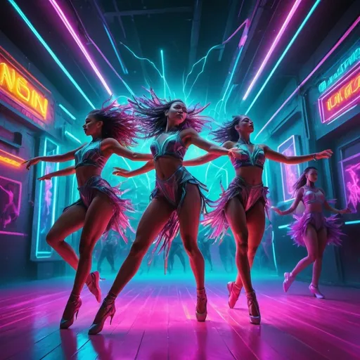 Prompt: Vibrant digital artwork of energetic dancers, neon-infused environment, dynamic movements frozen in time, electrifying atmosphere, high-energy, futuristic, neon colors, fluid and smooth transitions, detailed costumes, energetic poses, best quality, highres, ultra-detailed, digital art, futuristic, vibrant neon, dynamic composition, energetic atmosphere