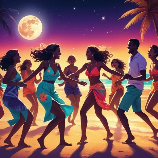 Prompt: Vibrant digital illustration of a beach party at night, joyful group dancing under the moonlight, colorful beach attire, energetic and dynamic poses, best quality, highres, ultra-detailed, digital art, lively, beach party, moonlit night, dynamic poses, vibrant colors, festive atmosphere, atmospheric lighting