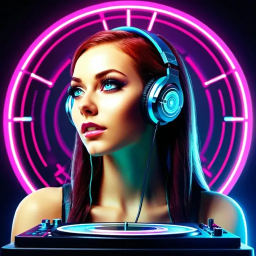 Prompt: Futuristic 3D rendering of an artificial DJ, high-tech headphones, holographic turntables, vibrant neon lights, digital mixing interface, ultra-modern aesthetic, highres, cyberpunk, futuristic, neon lights, holographic, 3D rendering, professional, vibrant colors, dynamic lighting