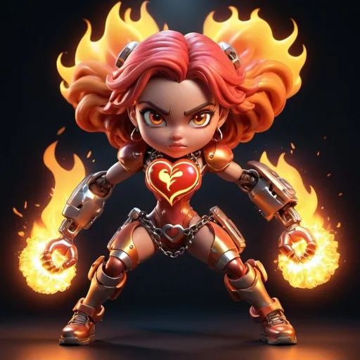 Prompt: 3D rendering of a fiery empowered heart, cute female face, mega chain gun, breaking free, detailed flames, powerful stance, intense expression, high energy, vibrant colors, dynamic lighting, high quality, empowering, fiery, chains breaking, 3D rendering, detailed facial features, dynamic pose, powerful, intense lighting