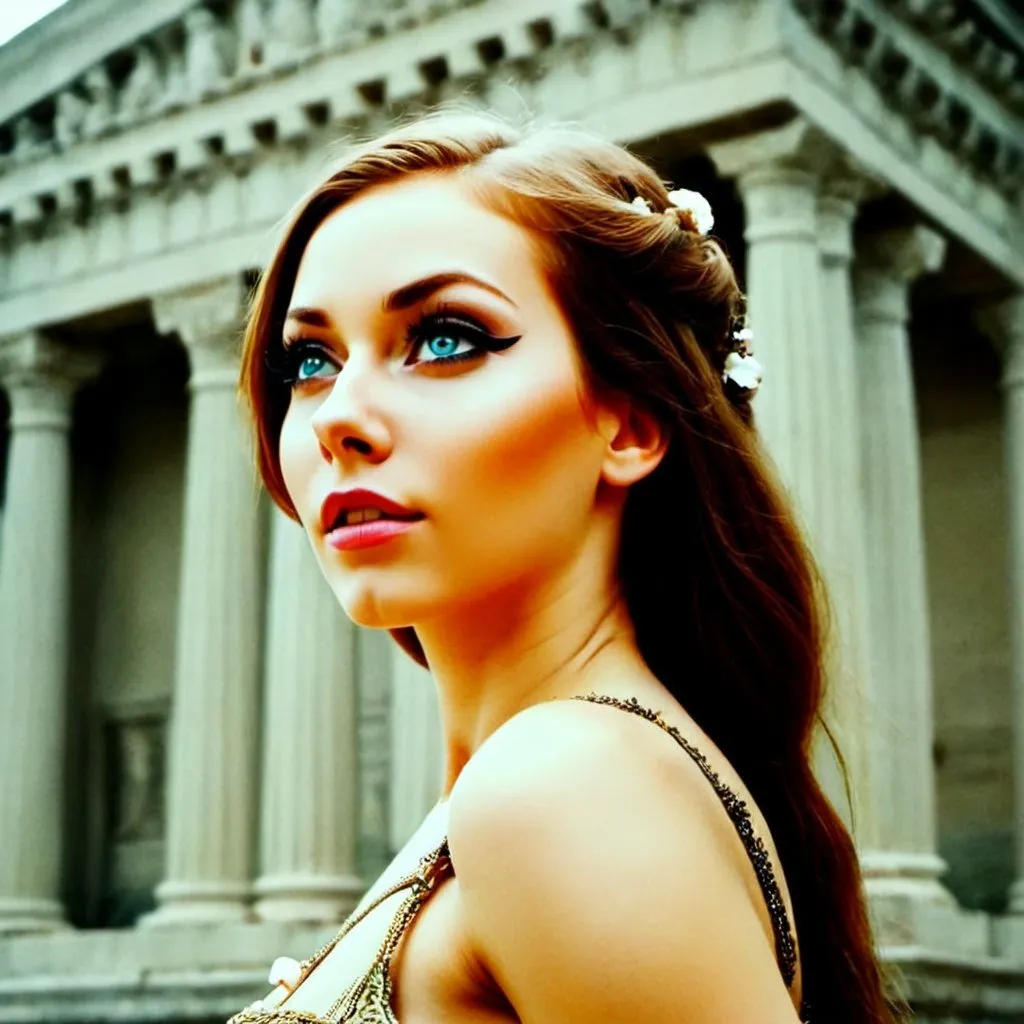 Prompt: a beautiful young woman in an empire of sound; roman temple; fantasy 