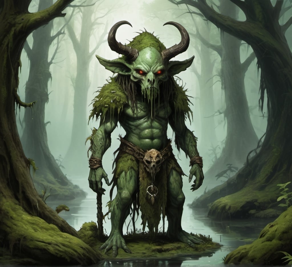 Prompt: dungeons and dragons style, small fey spirit of decay, beastly features, moss, swamp, predator, shaman, nature, ritual