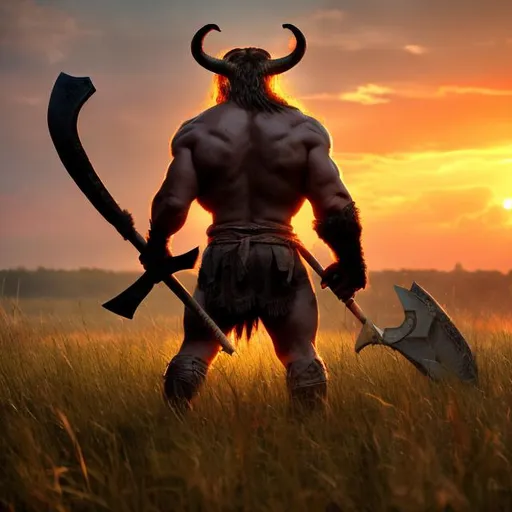 Prompt: From behind, a clothed Minotaur barbarian heroically holding an axe, standing in tall grass, facing the horizon watching the sunset.