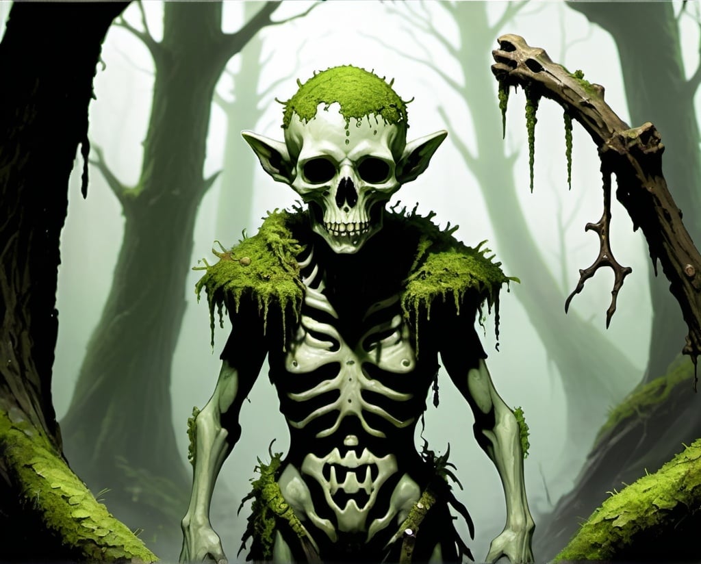 Prompt: dungeons and dragons style, small spirit of decay, humanoid body, beastly features, moss, swamp, bone adornment, malevolence