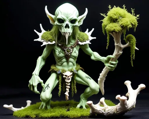 Prompt: dungeons and dragons style, small fey spirit of decay, beastly features, moss, swamp, predator, bone decorations