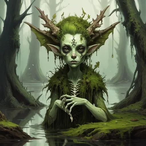 Prompt: dungeons and dragons style, small fey spirit of decay,animal features, moss, swamp, bones