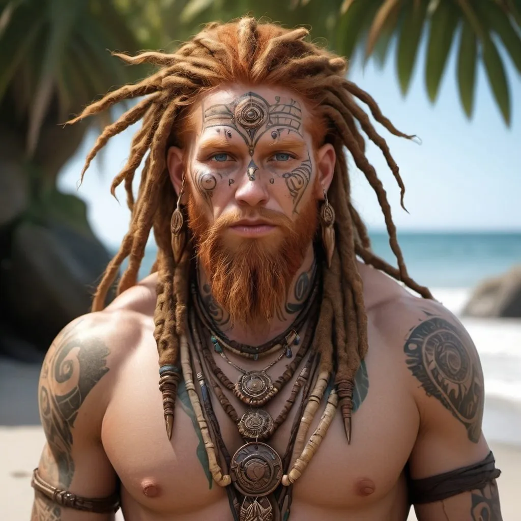 Prompt: hyper-realistic, eyeless, human beach druid character, bronze skin, ginger dreadlocks, shaman, facial tattoos, fantasy character art, illustration, dnd