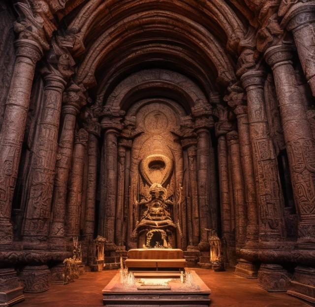 Prompt: A cathedral sized empty chamber, inside the snake temple. There is a large sized alter. There is a mild magic glow on the alter. The motif of any carvings or art is snake eyes.