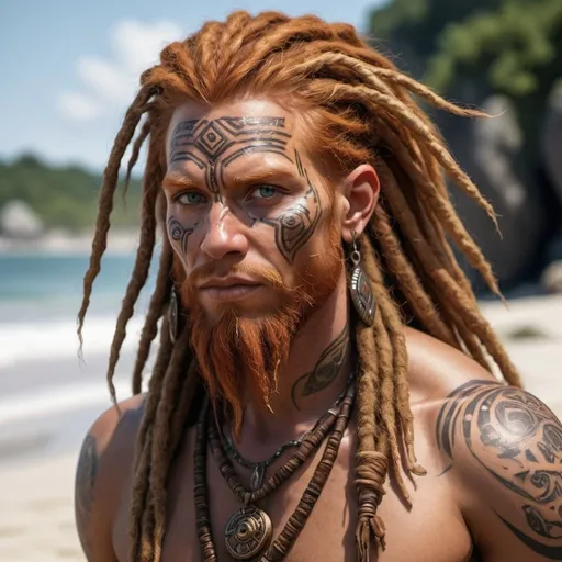 Prompt: hyper-realistic, eyeless, human beach druid character, bronze skin, ginger dreadlocks, shaman, facial tattoos, fantasy character art, illustration, dnd