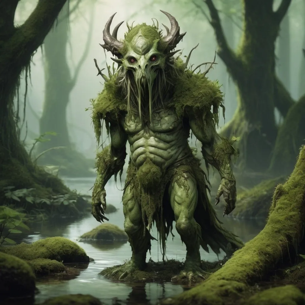 Prompt: dungeons and dragons style, small fey spirit of decay, beastly features, moss, swamp,  predator 