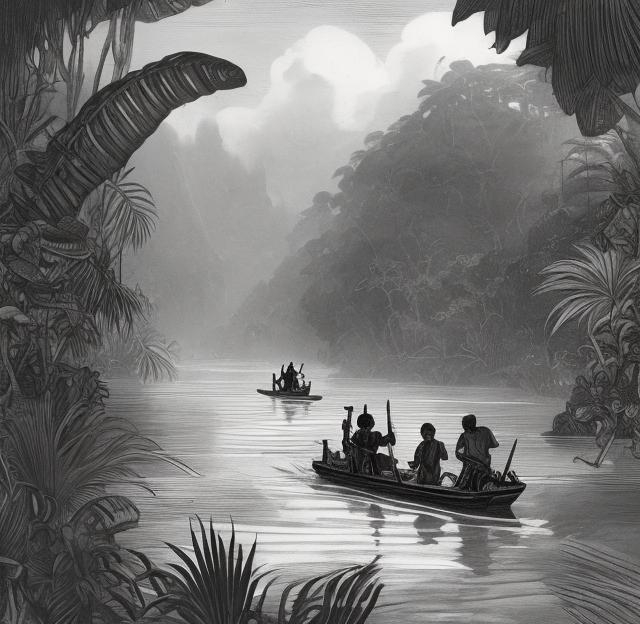 Prompt: A jungle river trading station from Joseph Conrad's Heart of Darkness