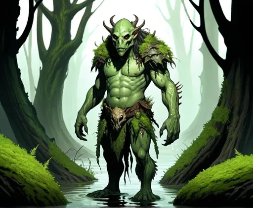 Prompt: dungeons and dragons style, male, small fey spirit of decay, beastly features, moss, swamp, predator