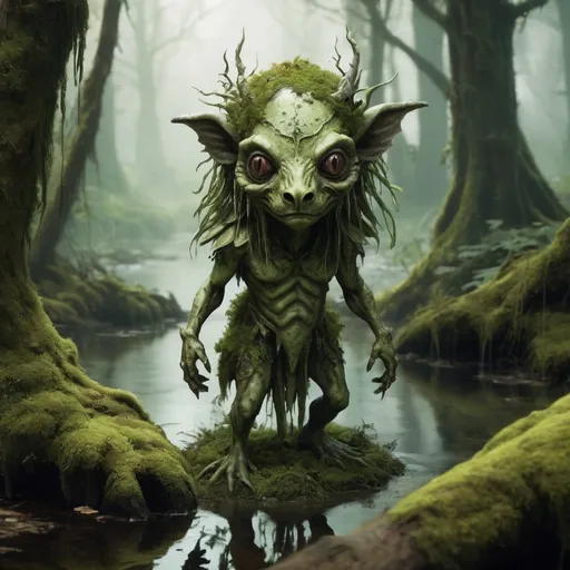 Prompt: dungeons and dragons style, small fey spirit of decay, beastly features, moss, swamp,  predator 