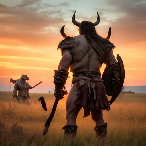 Prompt: From behind, a clothed Minotaur barbarian heroically standing with nothing in his hands. The minotaur is standing in tall grass, facing the horizon watching the sunset over grasslands.