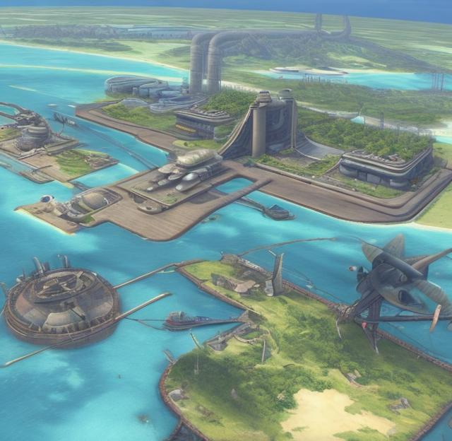 Prompt: A tropical island entirely covered by a combination industrial sea port and airship landing pads.