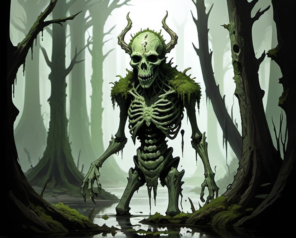 Prompt: dungeons and dragons style, small spirit of decay, humanoid body, beastly features, moss, swamp, bones, malevolence