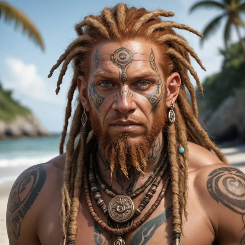 Prompt: hyper-realistic human beach druid character, bronze skin, ginger dreadlocks, shaman, facial tattoos, early stages of infection by decay magic, fantasy character art, illustration, dnd