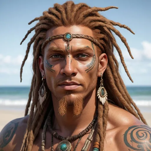 Prompt: hyper-realistic, eyeless, human beach druid character, bronze skin, ginger dreadlocks, shaman, facial tattoos, fantasy character art, illustration, dnd