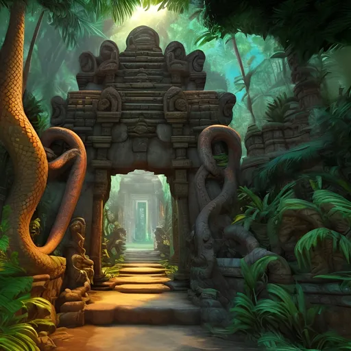 Prompt: Entrance to an ancient, magical, jungle temple dedicated to a snake god. 