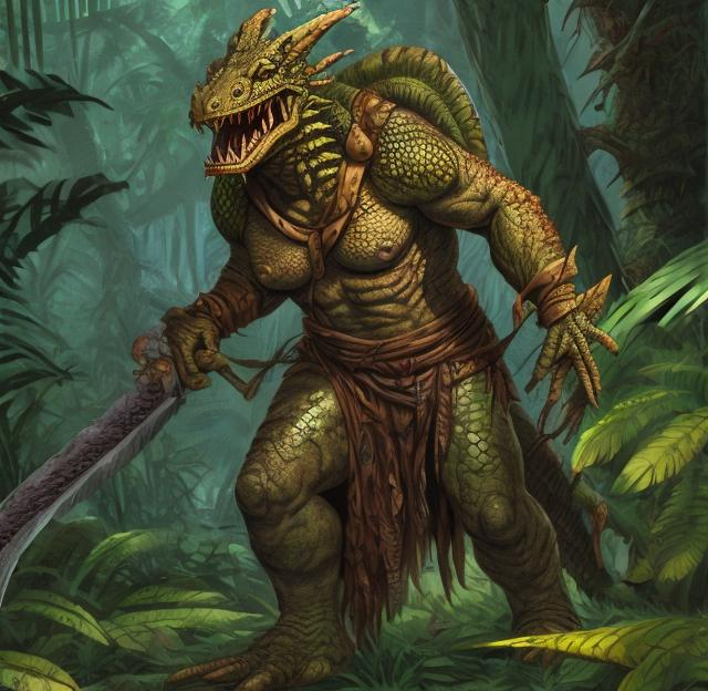 Prompt: A large lizard man barbarian in the jungle.