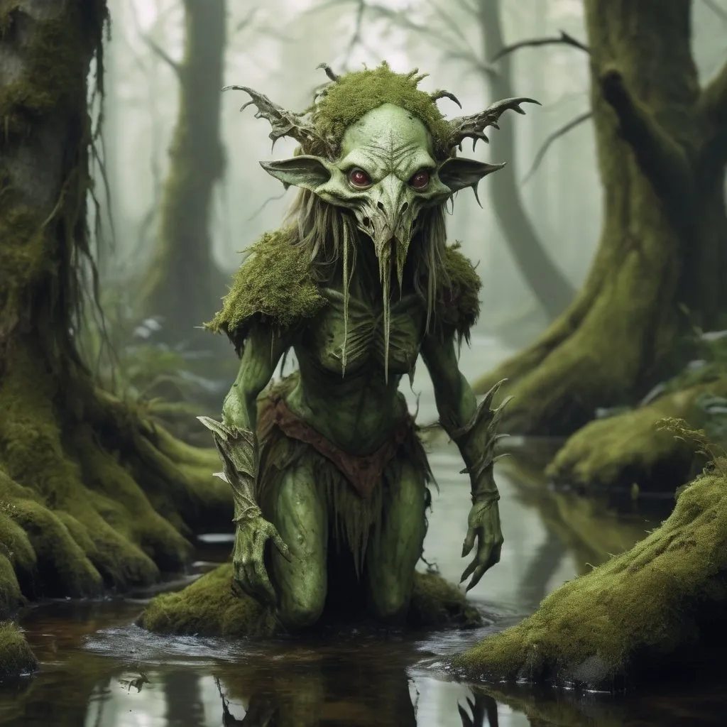 Prompt: dungeons and dragons style, small fey spirit of decay, beastly features, moss, swamp, predator 