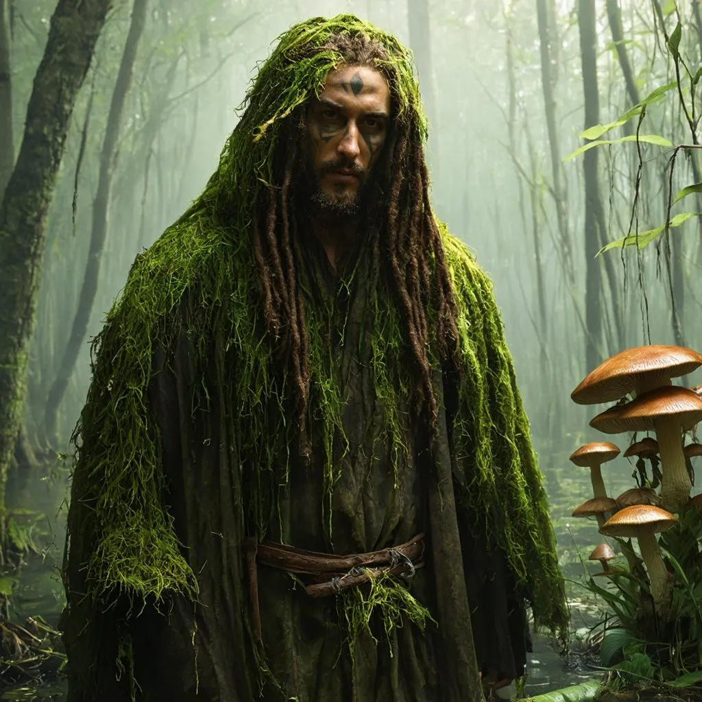 Prompt: Human male druid, cloaked, facial tattoos, Spanish moss, dreadlocks, mushrooms, swamp