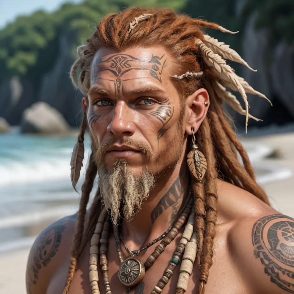 Prompt: hyper-realistic human beach druid character without eyeballs, bronze skin, ginger dreadlocks, shaman, facial tattoos, fantasy character art, illustration, dnd