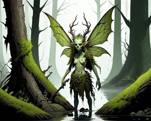 Prompt: dungeons and dragons style, small fey, decay, beastly features, moss, swamp, bones, malevolence