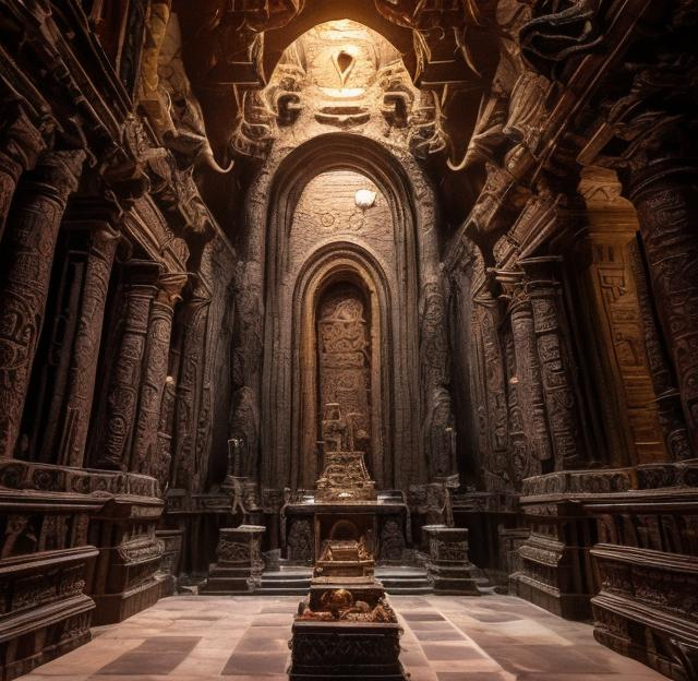 Prompt: A cathedral sized empty chamber, inside the snake temple. There is a large sized alter. There is a mild magic glow on the alter. The motif of any carvings or art is snake eyes.