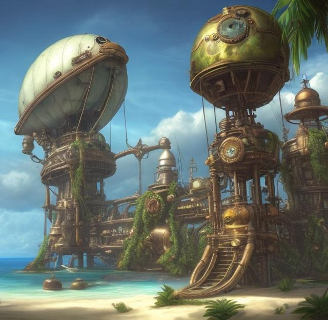 Prompt: A tropical island entirely covered by a combination steampunk sea port and airship landing pads.