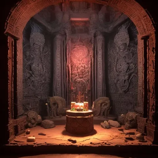 Prompt: Large alter at the center of a dimly lit, massive empty chamber, inside the snake temple. There is a mild magic glow on the alter. The back wall is a huge abstract snake eye.