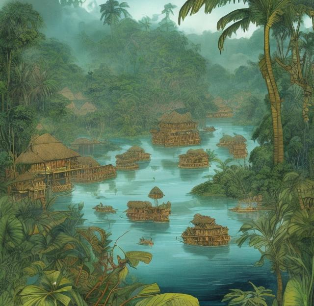 Prompt: A jungle river trading village from Joseph Conrad's Heart of Darkness