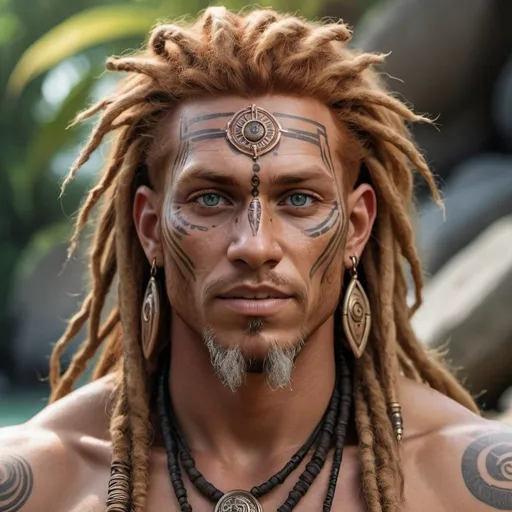 Prompt: hyper-realistic human beach druid character, bronze skin, ginger dreadlocks, shaman, facial tattoos, missing eyeballs, fantasy character art, illustration, dnd