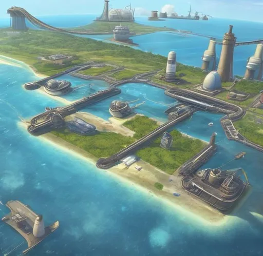 Prompt: A tropical island entirely covered by a combination industrial sea port and airship landing pads.