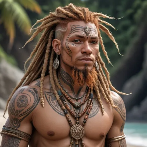 Prompt: hyper-realistic human beach druid character, bronze skin, ginger dreadlocks, shaman, facial tattoos, fantasy character art, illustration, dnd