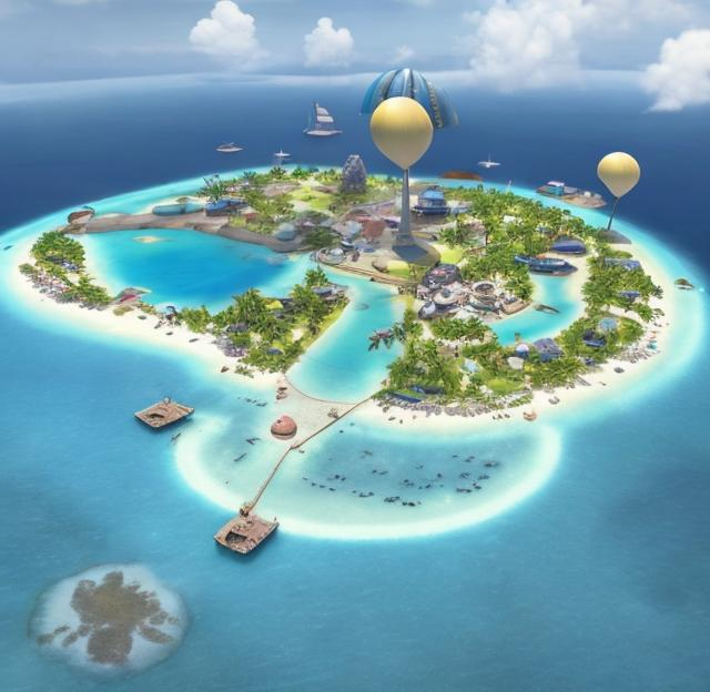 Prompt: A tropical island entirely covered by a combination sea port and blimp landing pads.