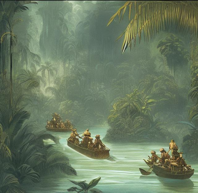 Prompt: A jungle river trading station from Joseph Conrad's Heart of Darkness