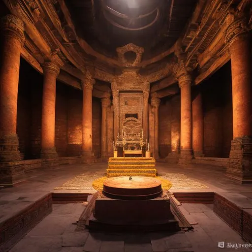 Prompt: Large alter at the center of a massive empty chamber inside the snake temple.
