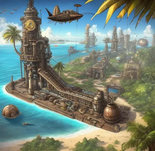 Prompt: A tropical island entirely covered by a combination steampunk sea port and airship landing pads.