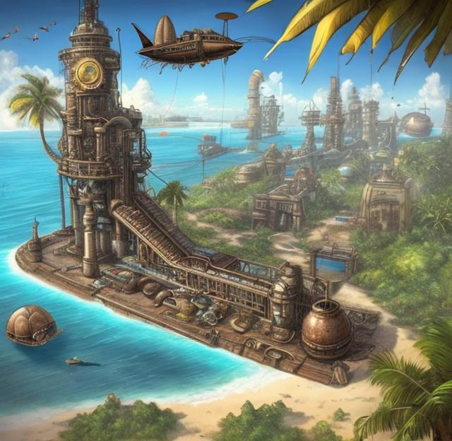 Prompt: A tropical island entirely covered by a combination steampunk sea port and airship landing pads.