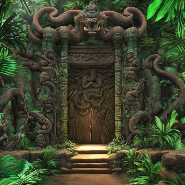 Prompt: Entrance to an ancient, magical, jungle temple dedicated to a snake god. 