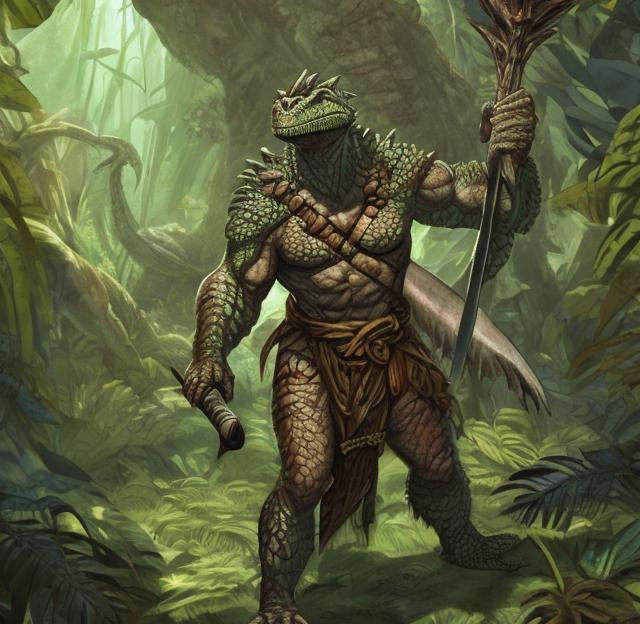 Prompt: A large lizard man barbarian in the jungle.